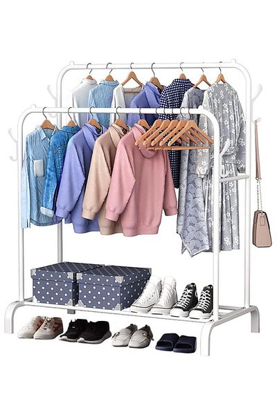 Taimi Metal Double Rail Clothes Rack - White, 110x54x150cm, with Hooks & Shelf