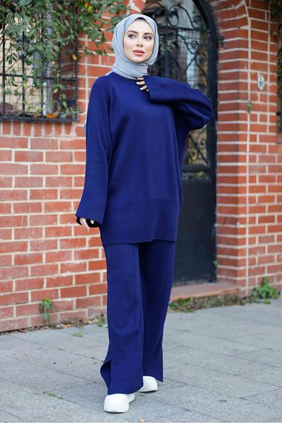 Bestenur Velay Tunic Trousers Knitwear Set 1289 - Navy Blue