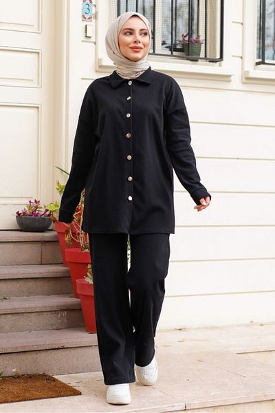 Bestenur Aktel Black Knitwear Shirt and Pants Set 1291
