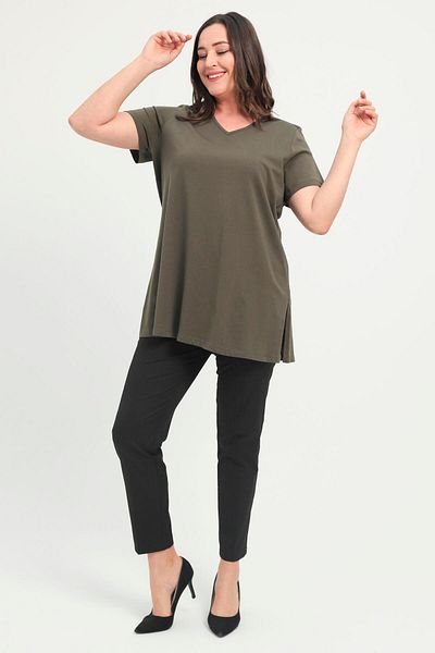 SERTUĞ Trend42Plus Plus Size Slit V-Neck Khaki T-Shirt