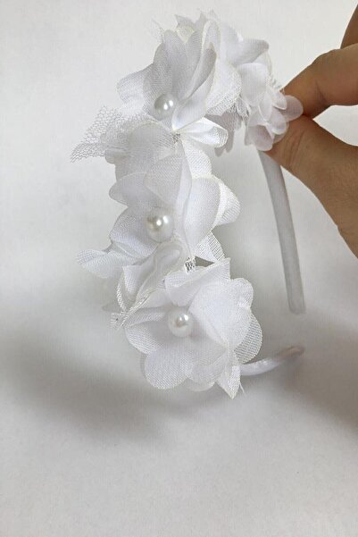 Limelia Coroana din satin cu flori albe din sifon pentru nuntă, căsătorie, lo...