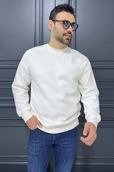 MİSHAR İTALİA Λευκό ανδρικό φούτερ με τρεις κλωστές με λαιμόκοψη