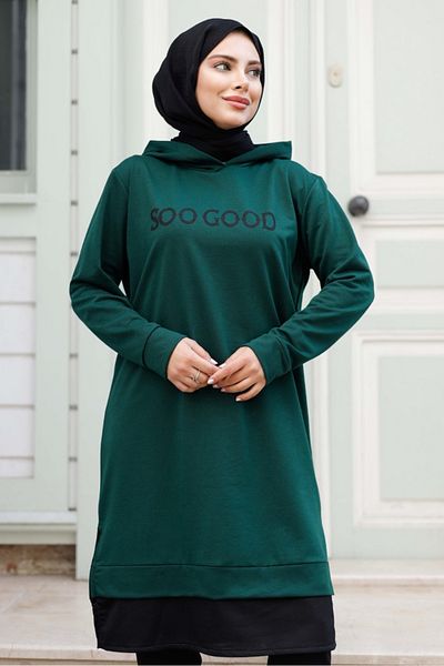 Bestenur Emerald Green Hooded Tunic 1284 - Good Print