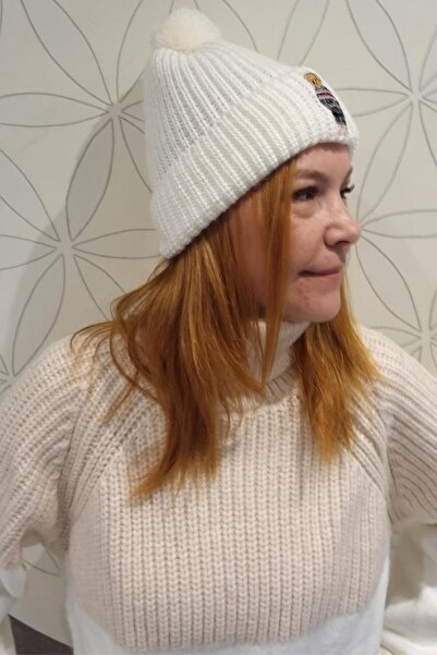 ZISHAN Beanie with Teddy Bear - Knitted Cotton Blend a Quality Pompom Ecru Beanie 888