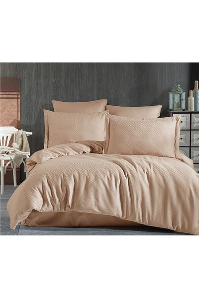 Sevim Double Jacquard and Satin Duvet Cover Set - 6 Pieces, Geometric Pattern, 200X220Cm, Metis Cappuccino