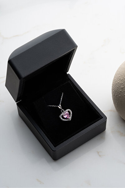 Silvano Jewelry 925 Ayar Gümüş Işıklı Kutuda Pembe Taşlı Kalp Kolye