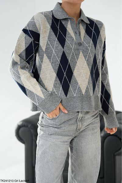 Lupies Women's Gray Polo Neck Buttoned Viscose Knitwear Sweater