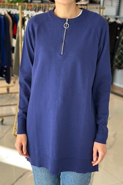Missemramiss Live Zipper Detailed Knitwear Sweater Tunic 4587 Navy Blue