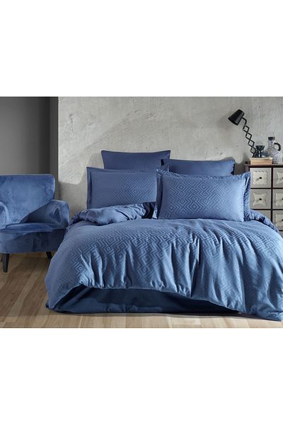 Sevim Set cuvertură de pilota dublă din jacquard și satin cu modele geometrice - 100% bumbac - Metis Indigo