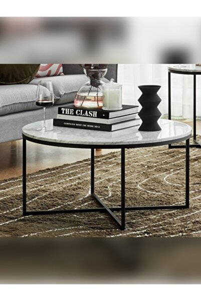 ESV Rena Yuvarlak Orta Sehpa Siyah Ayak Beyaz Mermer Tabla