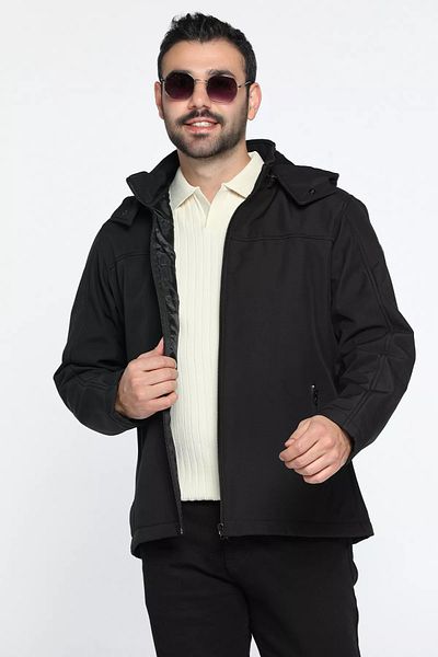 MİSHAR İTALİA Μαύρο ανδρικό παλτό Softshell με κουκούλα