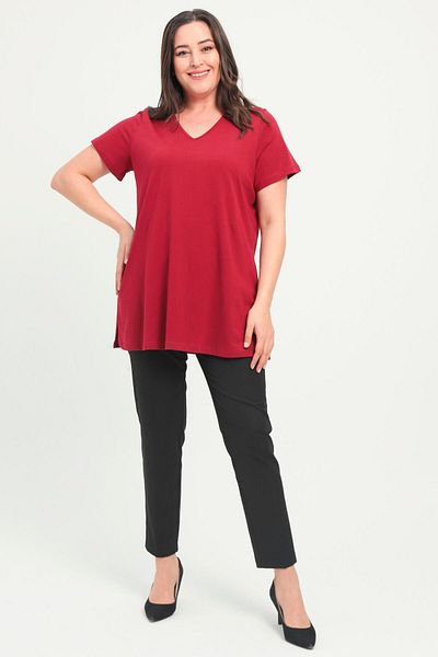 SERTUĞ Trend42Plus Plus Size Slit V-Neck Burgundy T-Shirt