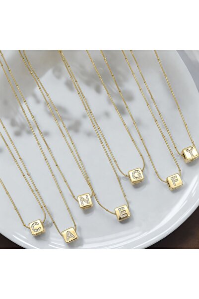 nazarboncuğu Çelik Küp Model Zirkon Taşlı  Harfli Kolye Kalpli