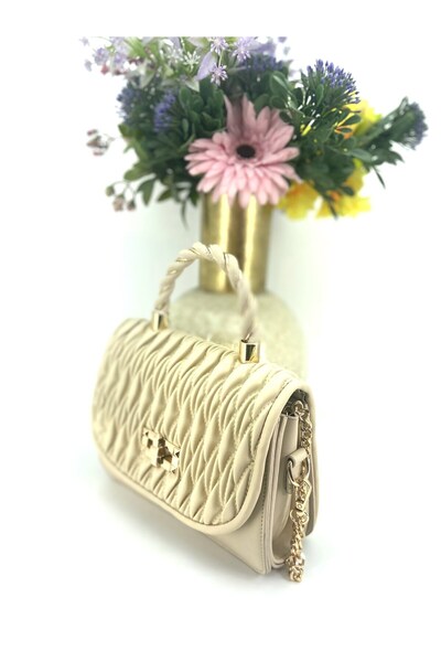 Seniorah Cream Colored Patterned Buckle Strap Women's Bag