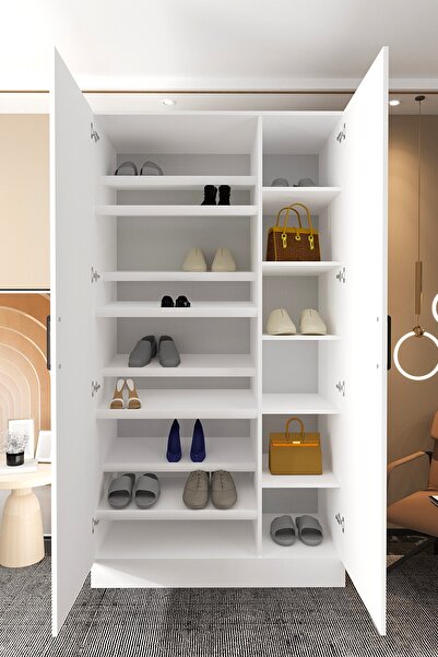 Mercie KAPAKLI 120 Cm'lik 6 Raflı 8 Raf Ayakkabılıklı Giyinme Dolap-beyaz