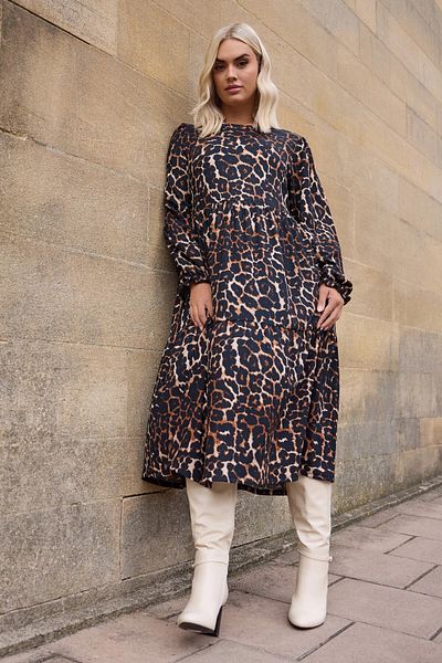 Stil Diva Plus Size Soft Texture Leopard Print Balloon Sleeve Dress 270014