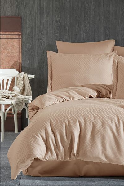 Sevim Double Jacquard and Satin Duvet Cover Set - 6 Pieces, Geometric Pattern, 200X220Cm, Metis Cappuccino