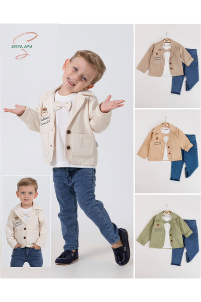 Butik Çeketli, T-shirt, Pantolon En Şık Erkek Çocuk 3'lü Takımlar, Okula, Davete
