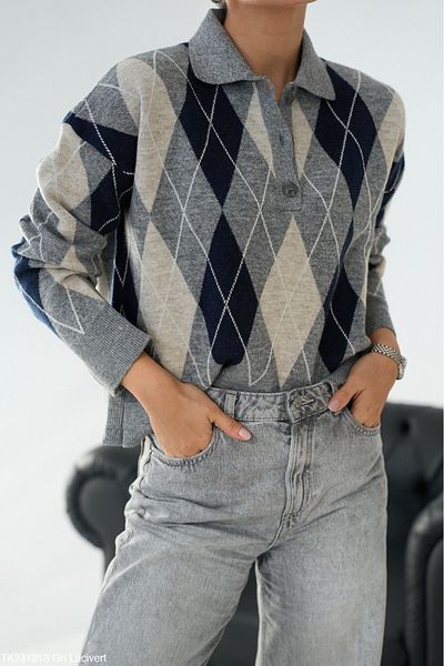 Lupies Women's Gray Polo Neck Buttoned Viscose Knitwear Sweater