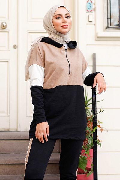 Bestenur Double Color Hooded Zipper Detail Tunic Pants Set of Two 132 - Coffee