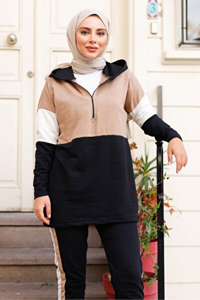 Bestenur Double Color Hooded Zipper Detail Tunic Pants Set of Two 132 - Coffee