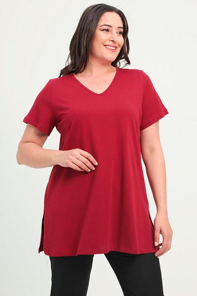 SERTUĞ Trend42Plus Plus Size Slit V-Neck Burgundy T-Shirt