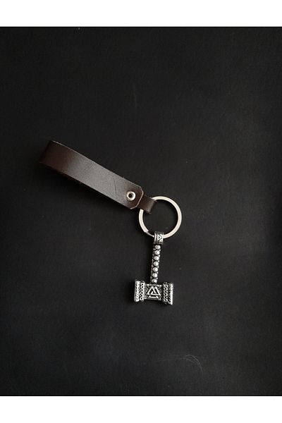 BSN Store Scandinavian Mythology Brown Genuine Leather Keychain with Thor Hammer Figure