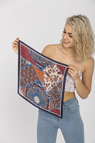 Axesoire 12353-1 Etro Patterned Navy Blue Pleated Satin Bandana Scarf