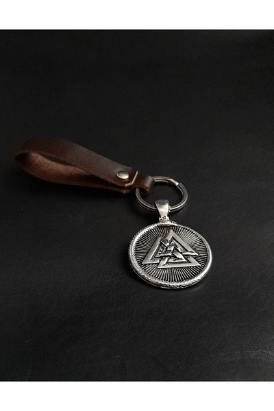 BSN Store Scandinavian Double Sided Valknut and Compass Figured Brown Genuine Leather Keychain