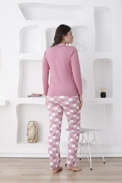 ALİMER Ekoseli Kadın Pijama Takımı - Gülkurusu Likralı Penye 2813UKL
