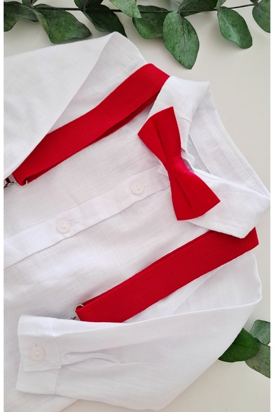 miccolatte for you tiny heart Baby Boy White Shirt Set with Snap Bottom and Red Adjustable Strap Bow Tie.