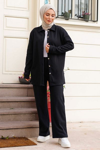 Bestenur Aktel Black Knitwear Shirt and Pants Set 1291