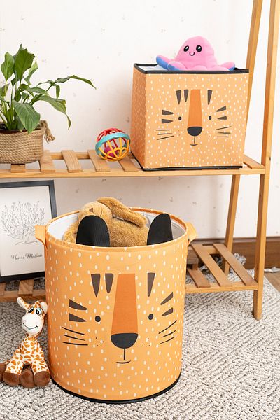 PRENDİ HOME Tiger Patterned Mesh-Free Toy Basket and Organizer Box Set Without Lid