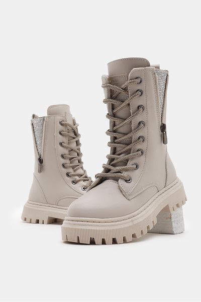 Tonny Black Κοριτσίστικα μπεζ δερμάτινα Thermo Sole Side Zipper Stone Λεπτομερείς μπότες με κορδόνια και φερμουάρ