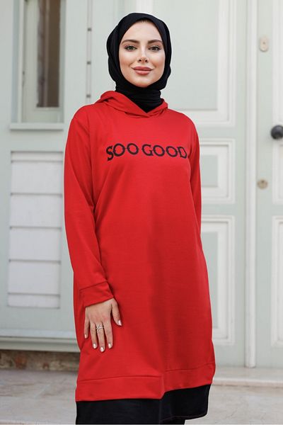 Bestenur Good Print Hooded Tunic 1284 - Red