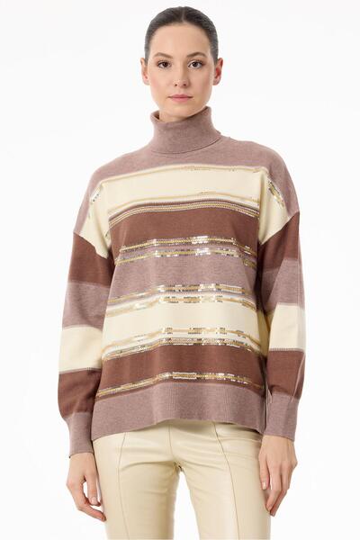 Tığ Triko Camel Colorful Striped Sequined Knitwear Blouse