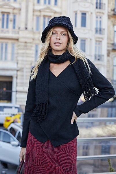 Jument Women's Double Breasted Long Sleeve Lightweight Stretchy Knitwear Pullover Blouse-Black