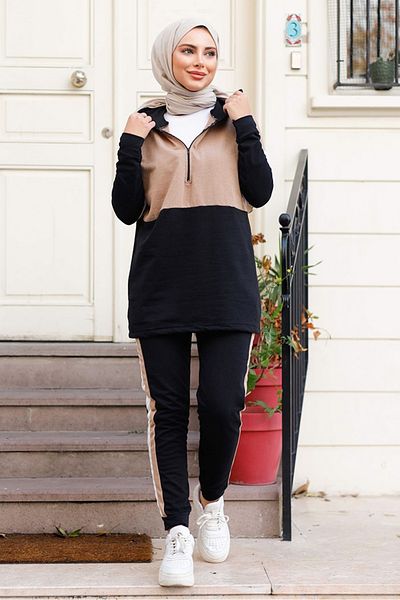 Bestenur Double Color Hooded Zipper Detail Tunic Pants Set of Two 132 - Coffee