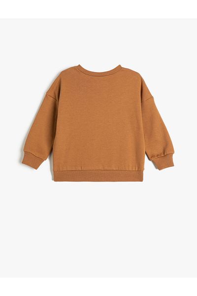 Koton Sweatshirt Crew Neck Long Sleeve Kangaroo Pocket Printed Raised Cotton