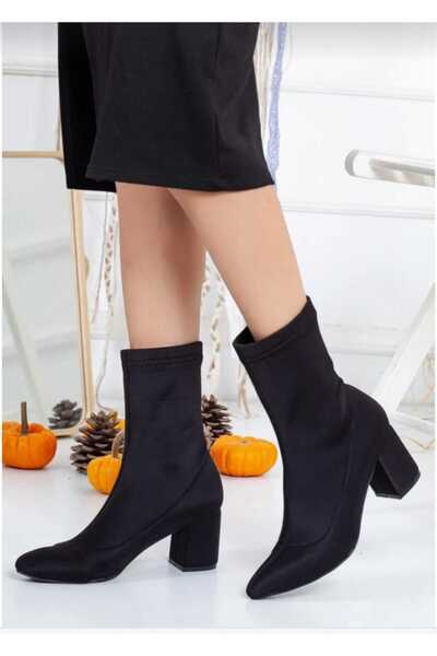 Divax Siyah Streç Dalgıç Kumaş Ayna Topuklu Kadın Bot su gecirmez