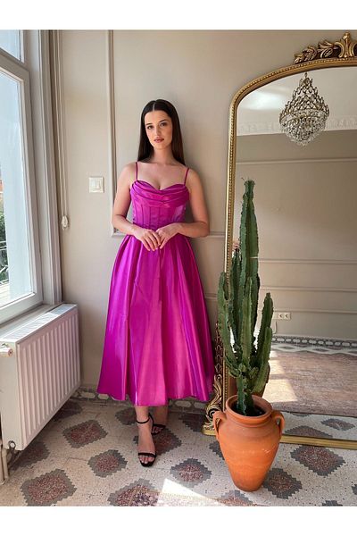 Biçanta Organza Satin Midi Length Strap Dress Wedding Engagement Graduation