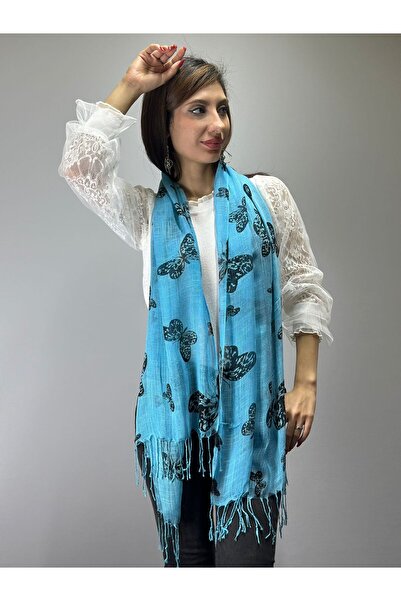 Gönülden Tasarım EșARFĂ DE FEMEI ALBASTRU CU MODEL FLUTURE 160X65 CM
