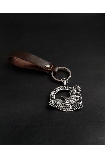 BSN Store Scandinavian Mythology Brown Genuine Leather Keychain with Eagle Figure
