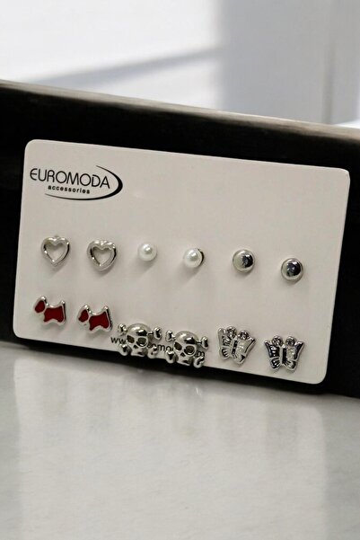 EUROMODA Kalp Köpek Kuru Kafa Tasarımllı Top ve İnci Küpeli 6lı Küpe Seti