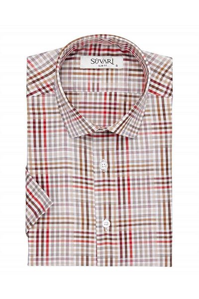 SÜVARİ Ανδρικό πουκάμισο με κοντό μανίκι Cavalier Slim Fit με κόκκινο σχέδιο