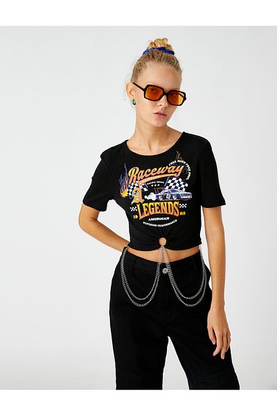 Koton Crop T-Shirt Printed with Chain Detail
