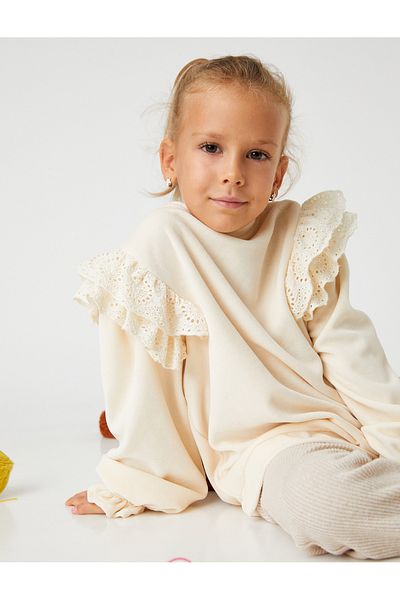 Koton Ruffled Embroidered Detailed Sweatshirt Velvet