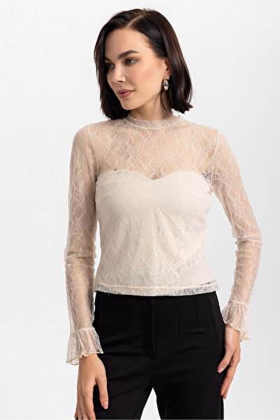 Evermade Stand Collar Lace and Low-Cut Long Sleeve Blouse