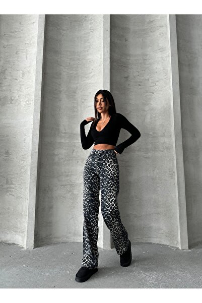 Swet Shop Jeans Kadın Leopar Desenli Yüksek Bel Likralı Geniş Paça Palazzo Pantolon