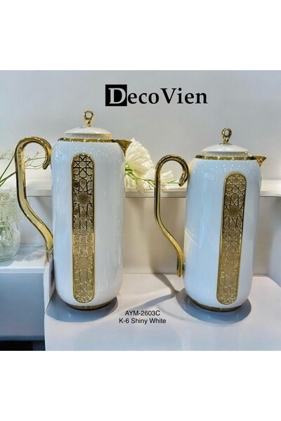 decovien Lüks Termos 2'Li Set Parlak Beyaz Gold Detaylı
